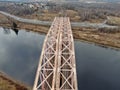 Aerial view panorama of railway bridge over river and high-speed road highway. the picture from the drone Royalty Free Stock Photo