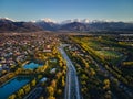 Aerial view panorama of river and mountains in Almaty