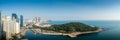 Aerial view panorama of skyscrapers and Haeundae beach with beautiful sea in the summer of Busan, South Korea. Busan tourism,