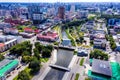 Aerial view panorama street and bridge of Yekaterinburg city center. View from above.