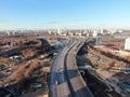 Aerial view panorama on the sunny day of the city landscape of the road highway in the Moscow district of Hovrino. Shot from drone Royalty Free Stock Photo