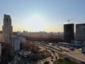 Aerial view panorama on the sunny day of the city landscape of the road highway in the Moscow district of Hovrino. Shot from drone Royalty Free Stock Photo