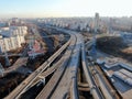 Aerial view panorama on the sunny day of the city landscape of the road highway in the Moscow district of Hovrino. Shot from drone Royalty Free Stock Photo