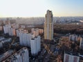 Aerial view panorama on the sunny day of the city landscape of the road highway in the Moscow district of Hovrino. Shot from drone Royalty Free Stock Photo