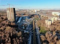 Aerial view panorama on the sunny day of the city landscape of the road highway in the Moscow district of Hovrino. Shot from drone Royalty Free Stock Photo