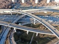 Aerial view panorama on the sunny day of the city landscape of the road highway in the Moscow district of Hovrino. Shot from drone Royalty Free Stock Photo