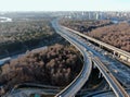 Aerial view panorama on the sunny day of the city landscape of the road highway in the Moscow district of Hovrino. Shot from drone Royalty Free Stock Photo