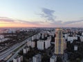 Aerial view panoramic landscape of Moscow city at sunrise. Modern houses in the rays of the golden sun.