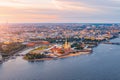 Aerial view panoramic of Peter and Paul cathedral at red sunset, walls of fortress, in Saint-Petersburg