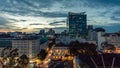 Aerial view panoramic shot of District One at Sunset. Famous touristic quarter during golden hour. Ho Chi Minh, Vietnam