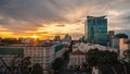 aerial view panoramic shot of District One at Sunset. Famous touristic quarter during golden hour. Ho Chi Minh, Vietnam