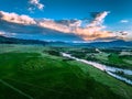 Aerial view of the Paradise Valley and Yellowstone River with gorgeous clouds above at sunset Royalty Free Stock Photo