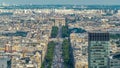 Aerial view of Paris and The Arc de Triomphe with Champs Elysees timelapse from the top of the skyscrapers in Paris Royalty Free Stock Photo