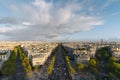 Aerial view of Paris City and the Avenue des Champs-Elysees with a rainbow among the city