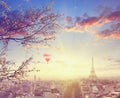 Aerial view of Paris cityscape with Eiffel tower at sunset Royalty Free Stock Photo