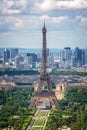 Aerial view of Paris with the Eiffel tower and la Defense business district skyline Royalty Free Stock Photo