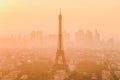 Aerial view of Paris with Eiffel tower and major business district of La Defence in background at sunset Royalty Free Stock Photo