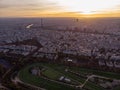 Aerial view of Paris skyline with Eiffel Tower from the Boulogne Forest at rising morning sun Royalty Free Stock Photo
