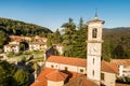 Aerial view of the Parish Church chapel of Sant Appiano in ancient village Castello Cabiaglio, Italy