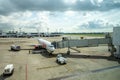 Aerial view of parked airplane in airport of Bangkok