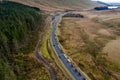 Aerial view of parked cars and congestion at Pen-y-Fan in the Brecon Beacons National Park in Wales, UK