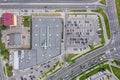 Aerial view of parking lot with parked cars of supermarket shopping center shoppers Royalty Free Stock Photo