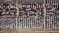 Aerial view of a parking lot new cars lined up in the port for i Royalty Free Stock Photo