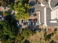 Aerial view of a parking lot next to an office building Royalty Free Stock Photo