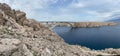 Aerial view of Paski bridge over lake surrounded by rocky beach Royalty Free Stock Photo