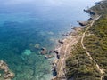 Aerial view of the path of customs officers, vegetation and Mediterranean bush, Corsica, France. Sentier du Douanier Royalty Free Stock Photo