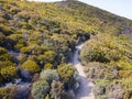 Aerial view of the path of customs officers, vegetation and Mediterranean bush, Corsica, France. Sentier du Douanier