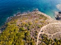 Aerial view of the path of customs officers, vegetation and Mediterranean bush, Corsica, France. Sentier du Douanier