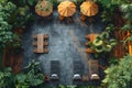 Aerial view of a patio with tables, chairs, umbrellas, and plants