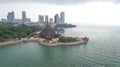 Aerial view of Pattaya with ancient temple Sanctuary of Truth and modern skyscrapers Royalty Free Stock Photo