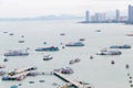 Aerial view Pattaya City and Sea in Twilight, Thailand. There are many boats in bay to serve tourists. Royalty Free Stock Photo