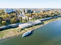 Aerial view of city center of Bendery (Bender), embarkment of Dniester river, pleasure boat, unrecognised Transnistria.