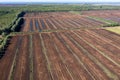 Aerial view of peat harvesting field. Peat extraction