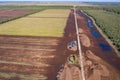 Aerial view of peat harvesting field. Peat extraction