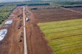 Aerial view of peat harvesting field. Peat extraction