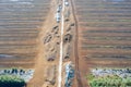 Aerial view of peat harvesting field. Peat extraction. Piles of peat
