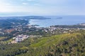 Aerial view of Peguera from mountain side with hotels and beaches. Sea in background. Mallorca, Balearic Islands, Spain