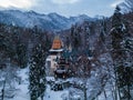 Aerial view of Pelisor castle in winter. Sinaia, Romania. Royalty Free Stock Photo