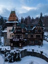 Aerial view of Pelisor castle in winter. Sinaia, Romania. Royalty Free Stock Photo