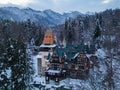 Aerial view of Pelisor castle in winter. Sinaia, Romania. Royalty Free Stock Photo