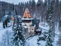 Aerial view of Pelisor castle in winter. Sinaia, Romania. Royalty Free Stock Photo