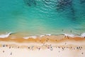 Aerial view of people on the beach with turquoise water, Aerial view of sandy beach with tourists swimming in beautiful clear sea