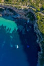 Aerial view of people canoeing around the island of Ibiza.