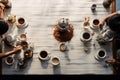 aerial view of people making drip coffee