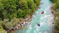 Aerial view of people in two boats enjoy on whitewater rafting Royalty Free Stock Photo