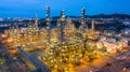 Aerial view petrochemical plant and oil refinery plant background at night, Petrochemical oil refinery factory plant at night